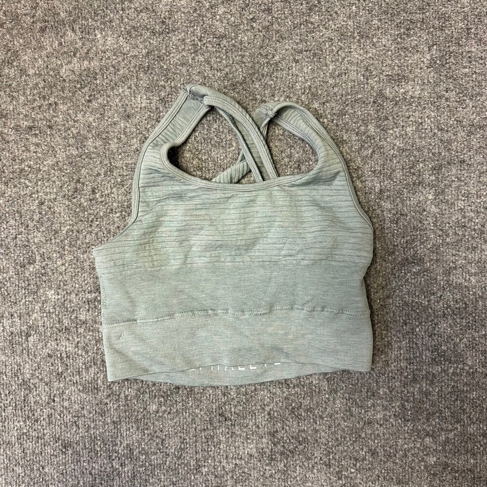 Alphalete Sports Bra Womens Size S Green Seamless Ribbed Cross Back Athletic